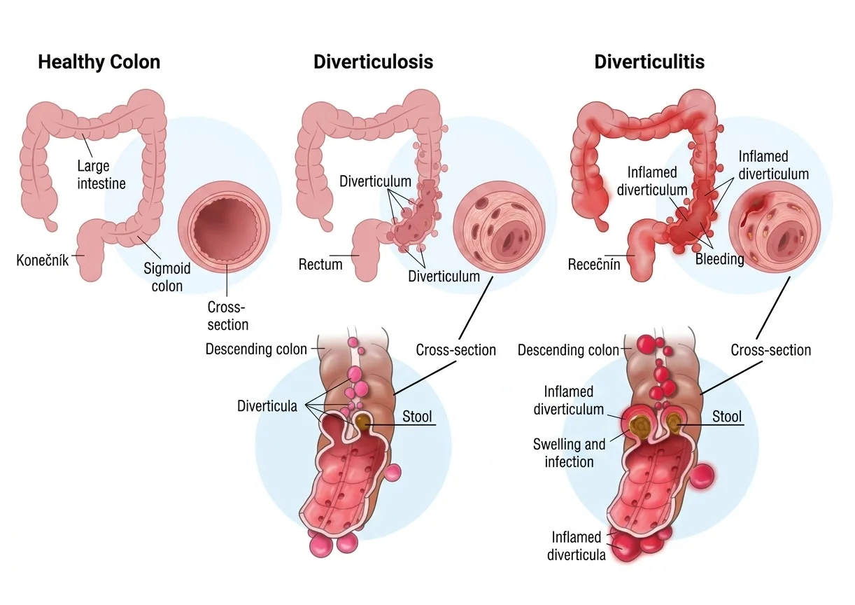 Difference between a healthy colon, diverticulitis, and diverticulosis